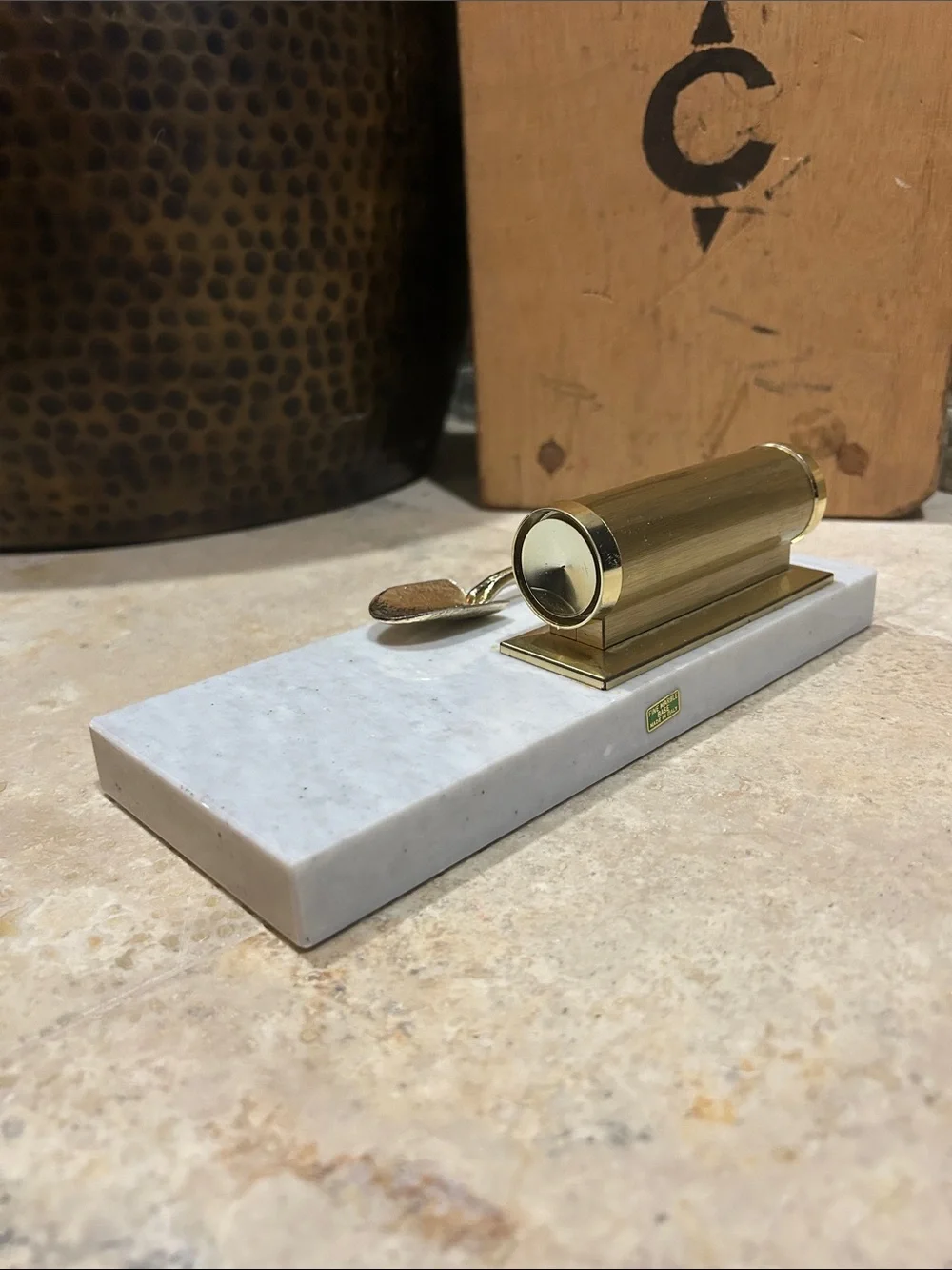 Vintage Brass Desk Perpetual Calendar with Marble Base and Shovel Accent